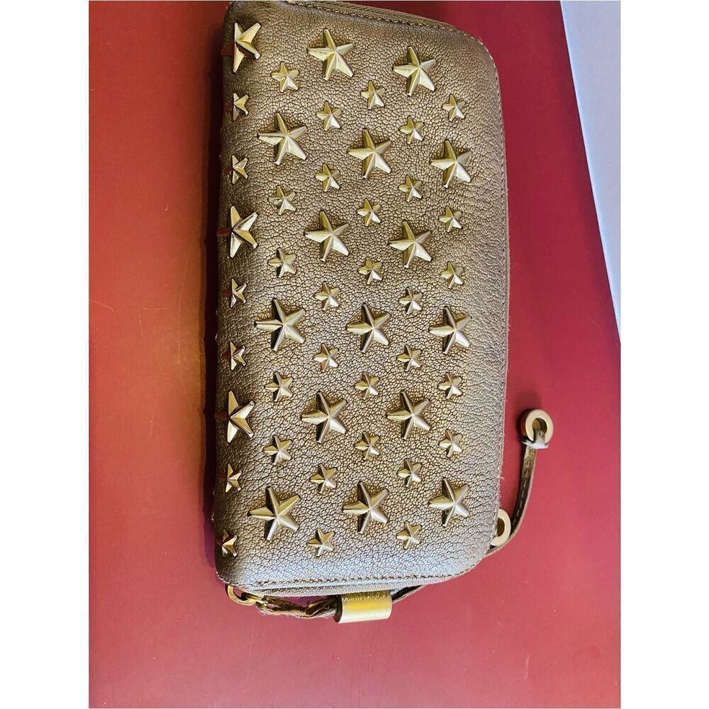 Jimmy Choo Taupe Gold Star-Studded Zip Around Long Wallet Authentic - Picture 10 of 17